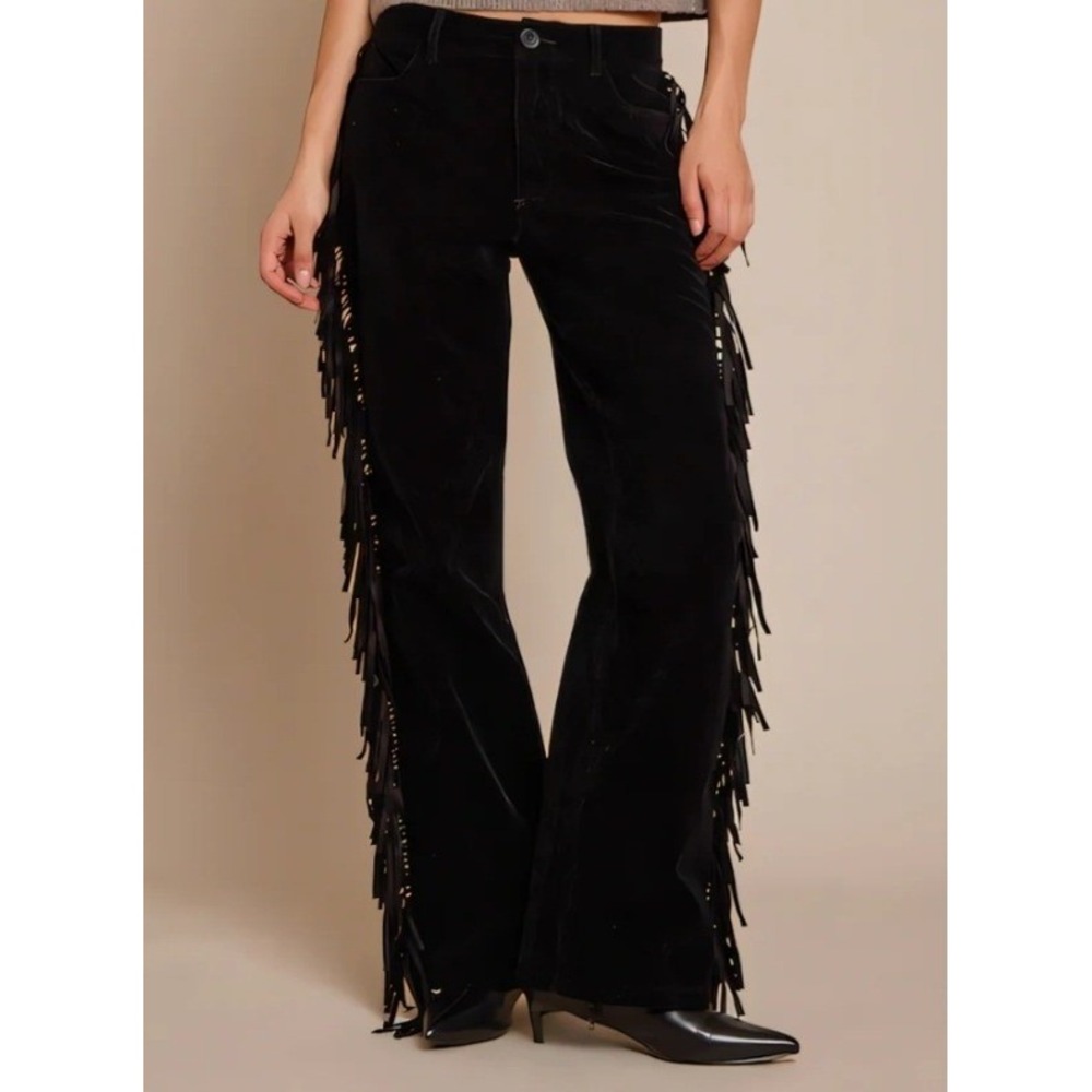Charlie Suede London Black Suede Fringe Pants Flare Boho Western Women Small NWT